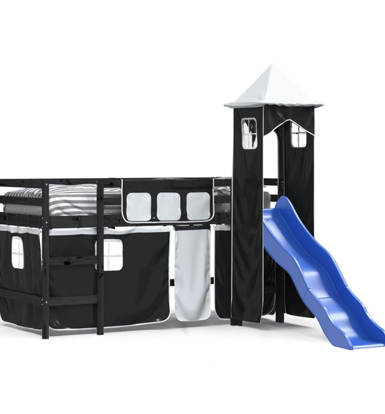 Kinderhochbett mit Turm Weiß & Schwarz 90x200 cm Kiefernholz