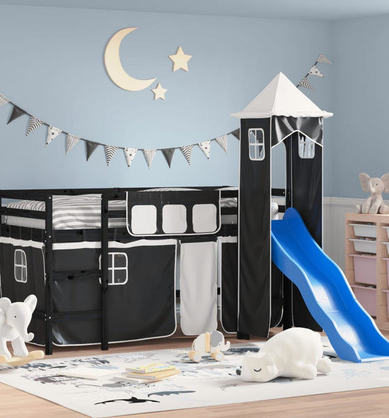 Kinderhochbett mit Turm Weiß & Schwarz 90x200 cm Kiefernholz