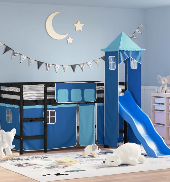 Kinderhochbett mit Turm Blau 90x200 cm Massivholz Kiefer