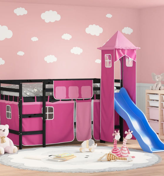 Kinderhochbett mit Turm Rosa 90x200 cm Massivholz Kiefer