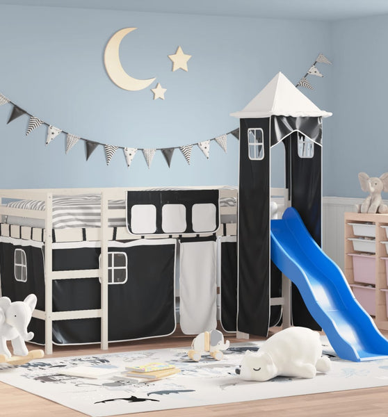 Kinderhochbett mit Turm Weiß & Schwarz 90x190 cm Kiefernholz