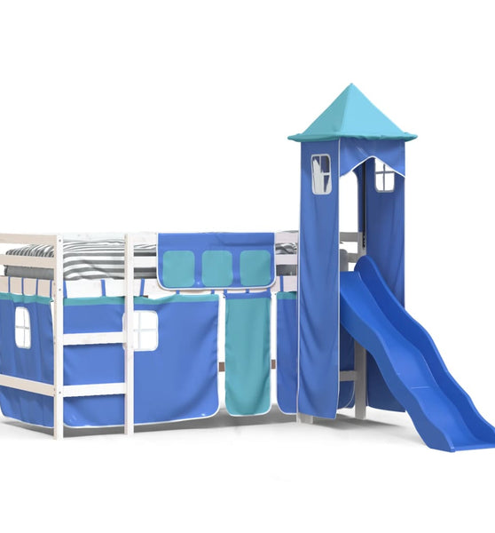 Kinderhochbett mit Turm Blau 90x190 cm Massivholz Kiefer