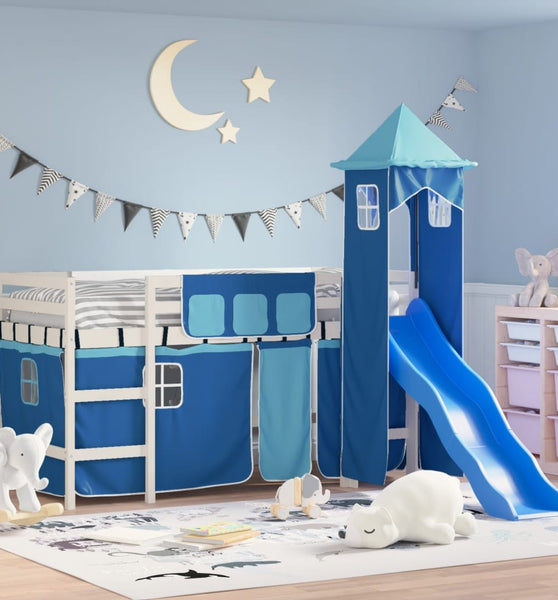 Kinderhochbett mit Turm Blau 90x190 cm Massivholz Kiefer