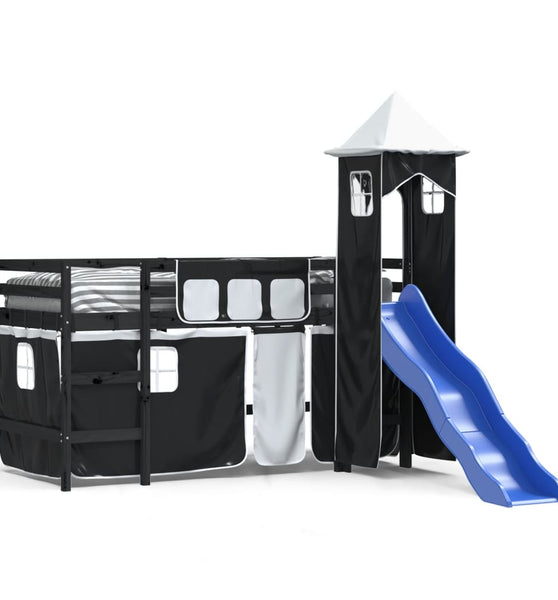 Kinderhochbett mit Turm Weiß & Schwarz 90x190 cm Kiefernholz