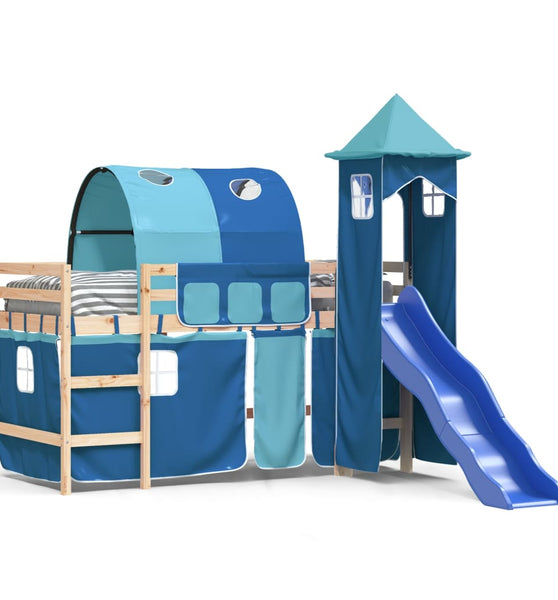 Kinderhochbett mit Turm Blau 80x200 cm Massivholz Kiefer