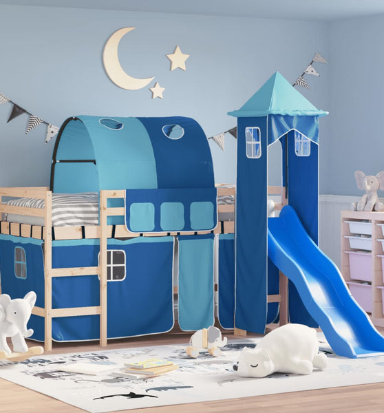 Kinderhochbett mit Turm Blau 80x200 cm Massivholz Kiefer