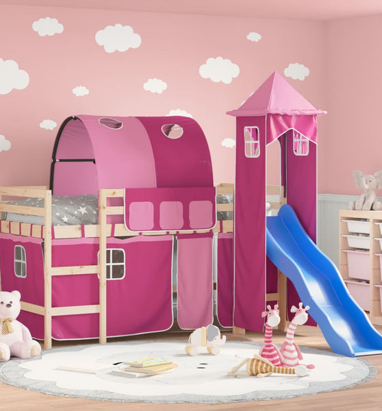 Kinderhochbett mit Turm Rosa 80x200 cm Massivholz Kiefer