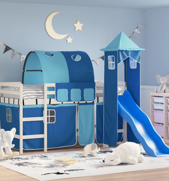 Kinderhochbett mit Turm Blau 80x200 cm Massivholz Kiefer