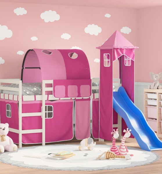 Kinderhochbett mit Turm Rosa 80x200 cm Massivholz Kiefer