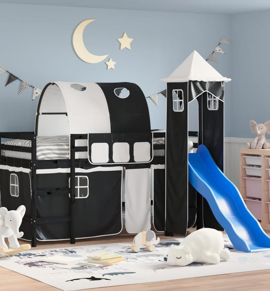 Kinderhochbett mit Turm Weiß & Schwarz 80x200 cm Kiefernholz