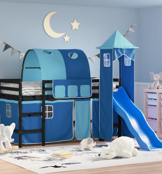 Kinderhochbett mit Turm Blau 80x200 cm Massivholz Kiefer
