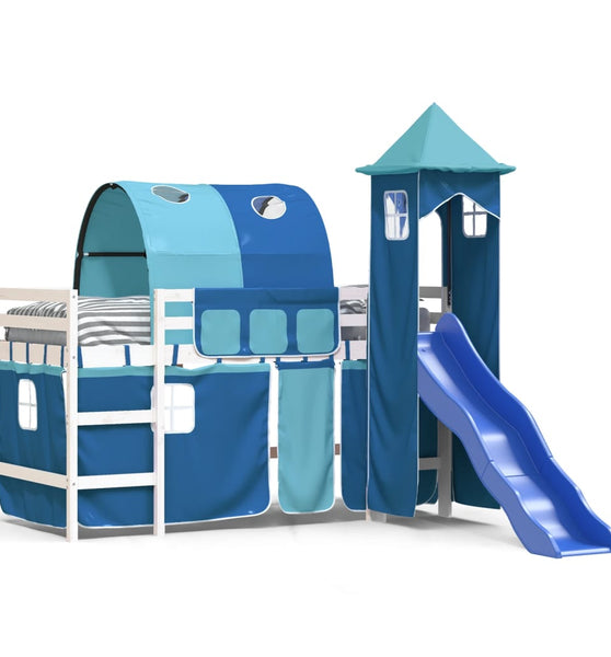 Kinderhochbett mit Turm Blau 90x200 cm Massivholz Kiefer