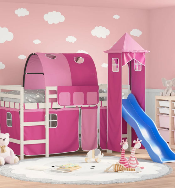 Kinderhochbett mit Turm Rosa 90x200 cm Massivholz Kiefer