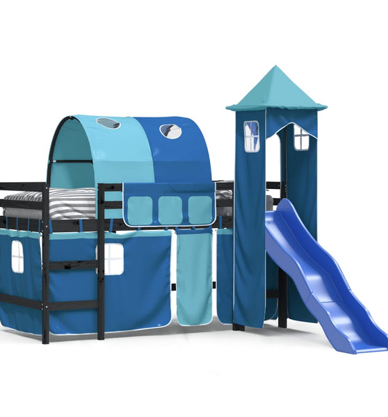 Kinderhochbett mit Turm Blau 90x200 cm Massivholz Kiefer