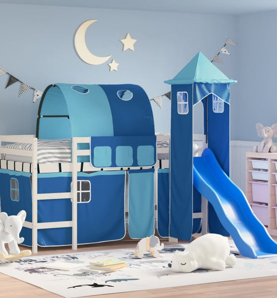 Kinderhochbett mit Turm Blau 90x190 cm Massivholz Kiefer
