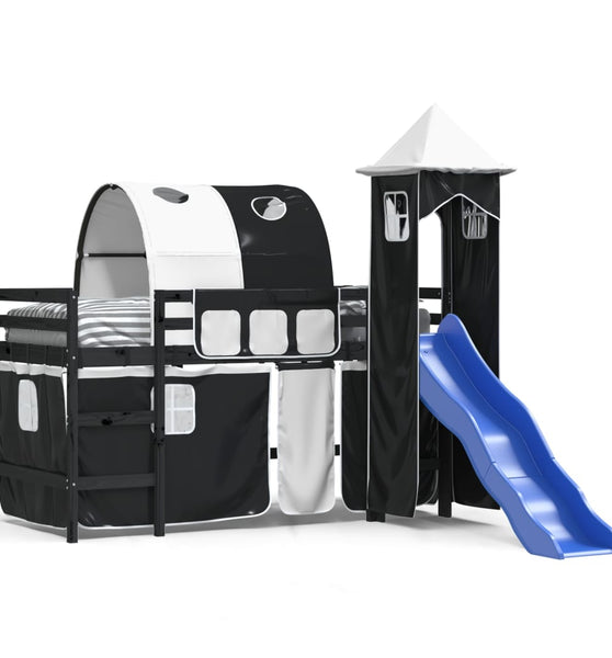 Kinderhochbett mit Turm Weiß & Schwarz 90x190 cm Kiefernholz