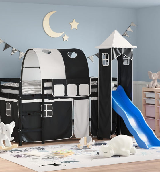 Kinderhochbett mit Turm Weiß & Schwarz 90x190 cm Kiefernholz
