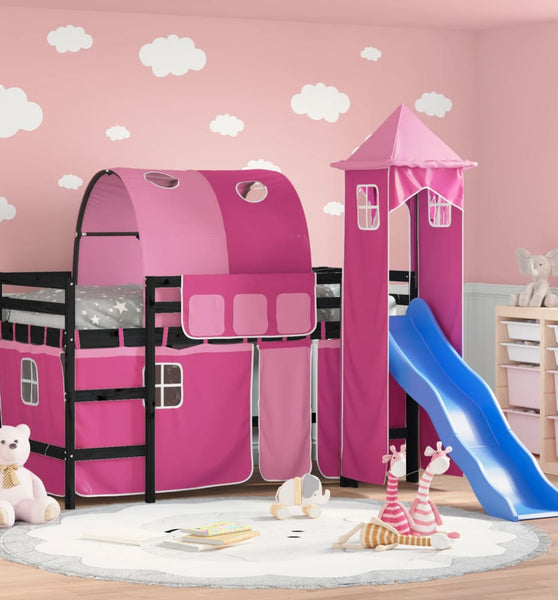 Kinderhochbett mit Turm Rosa 90x190 cm Massivholz Kiefer