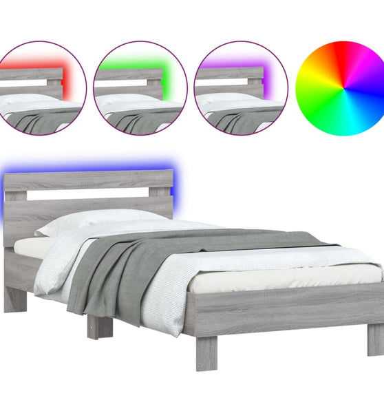Bettgestell mit Kopfteil und LED-Leuchten Grau Sonoma 90x200 cm