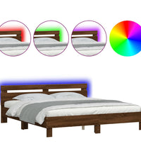Bettgestell mit Kopfteil und LED-Beleuchtung Braun Eiche-Optik
