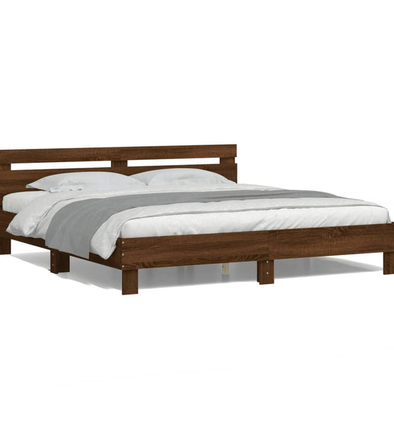 Bettgestell mit Kopfteil und LED-Beleuchtung Braun Eiche-Optik