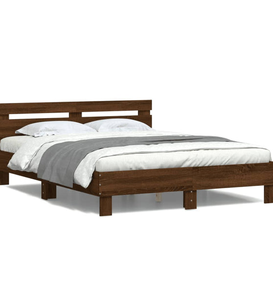 Bettgestell mit Kopfteil LED-Beleuchtung Braun Eichen-Optik