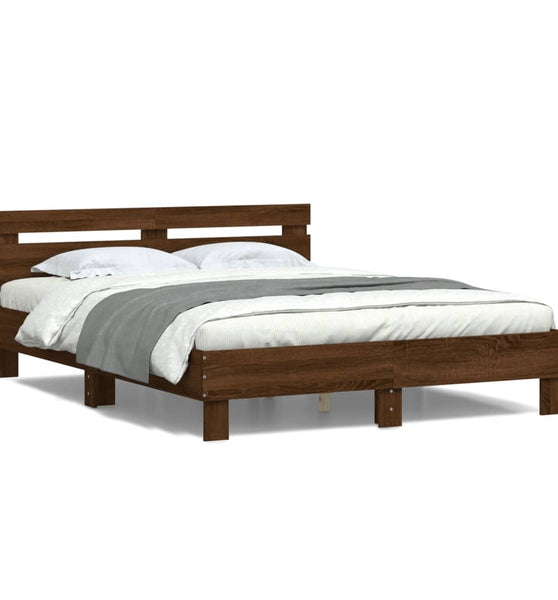 Bettgestell mit Kopfteil LED-Beleuchtung Braun Eichen-Optik