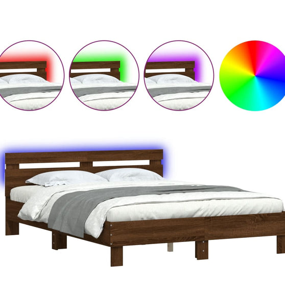 Bettgestell mit Kopfteil LED-Beleuchtung Braun Eichen-Optik