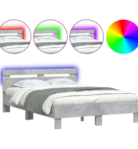 Bettgestell mit Kopfteil LED-Beleuchtung Betongrau 135x190 cm