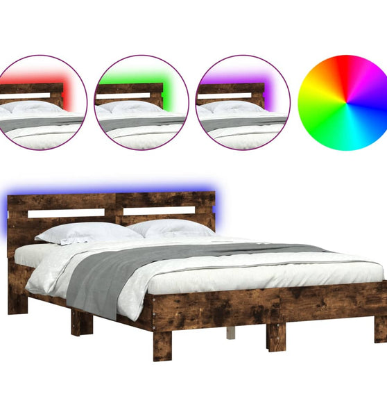 Bettgestell mit Kopfteil LED-Beleuchtung Räuchereiche 135x190cm