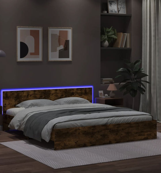Bettgestell mit Kopfteil und LED-Beleuchtung Räuchereiche