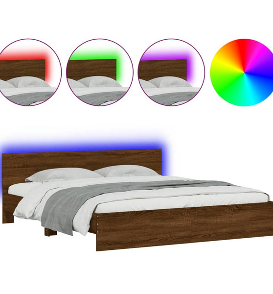 Bettgestell mit Kopfteil und LED-Beleuchtung Braun Eiche-Optik