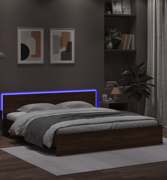 Bettgestell mit Kopfteil und LED-Beleuchtung Braun Eiche-Optik