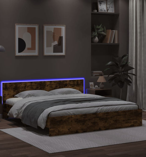Bettgestell mit Kopfteil und LED-Beleuchtung Räuchereiche