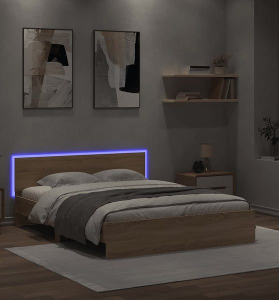 Bettgestell mit Kopfteil und LED-Beleuchtung Sonoma-Eiche