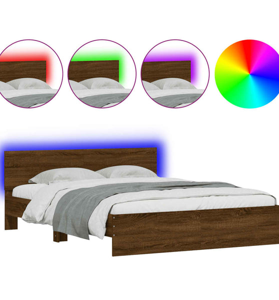 Bettgestell mit Kopfteil und LED-Beleuchtung Braun Eiche-Optik