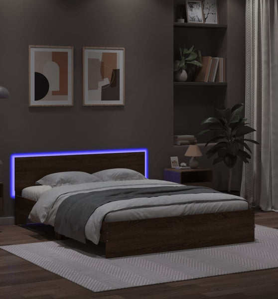 Bettgestell mit Kopfteil und LED-Beleuchtung Braun Eiche-Optik