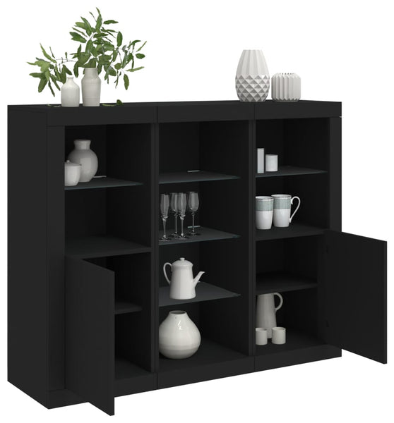 Sideboards mit LED-Leuchten 3 Stk. Schwarz Holzwerkstoff