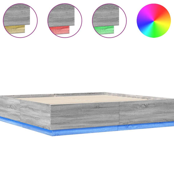 Bettgestell mit LED Grau Sonoma 200x200 cm Holzwerkstoff