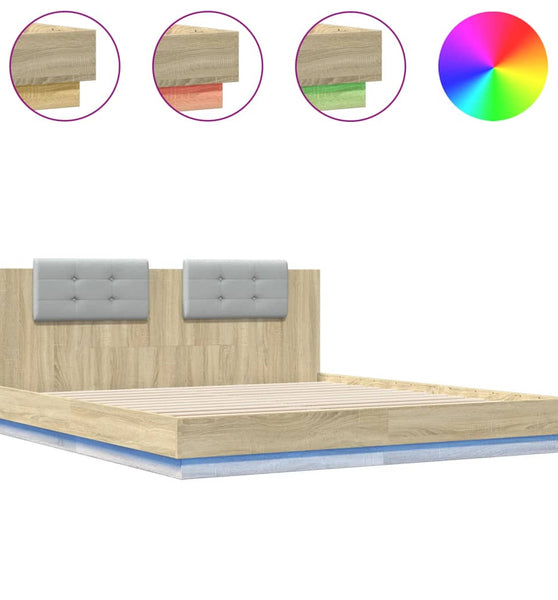 Bettgestell mit Kopfteil & LED-Leuchten Sonoma-Eiche 200x200 cm