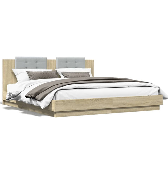 Bettgestell mit Kopfteil & LED-Leuchten Sonoma-Eiche 200x200 cm