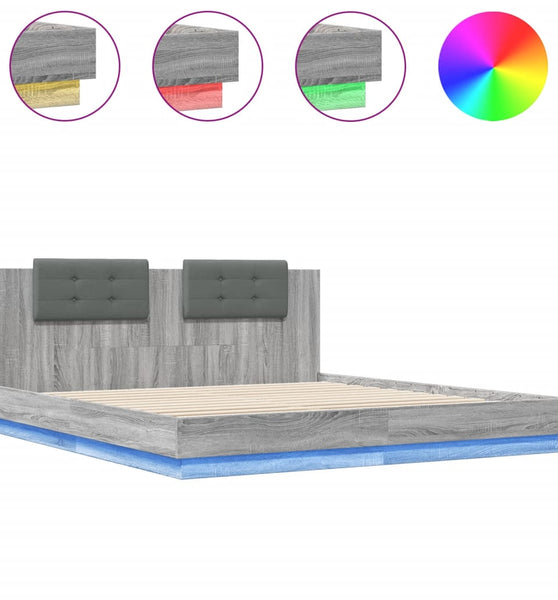 Bettgestell mit Kopfteil und LED-Leuchten Grau Sonoma 200x200cm