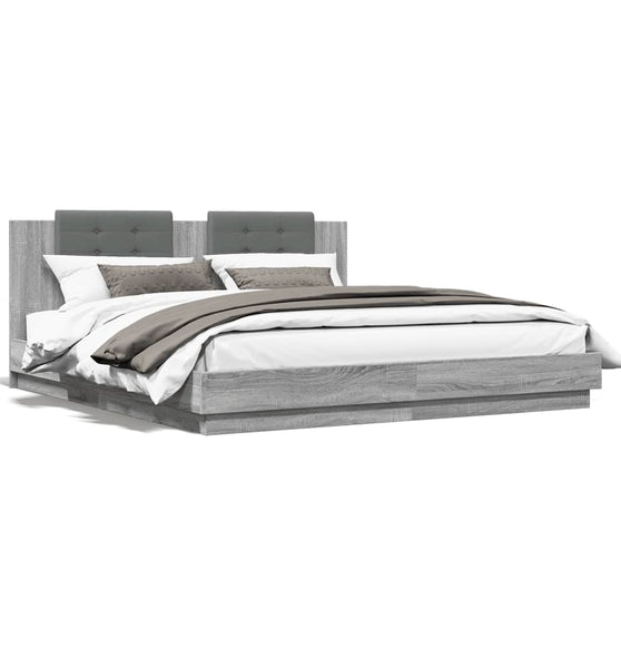 Bettgestell mit Kopfteil und LED-Leuchten Grau Sonoma 200x200cm