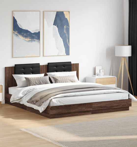 Bettgestell mit Kopfteil und LED-Leuchten Braun Eiche 180x200cm