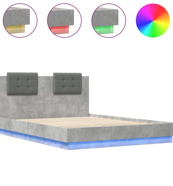 Bettgestell mit Kopfteil und LED-Leuchten Betongrau 150x200 cm