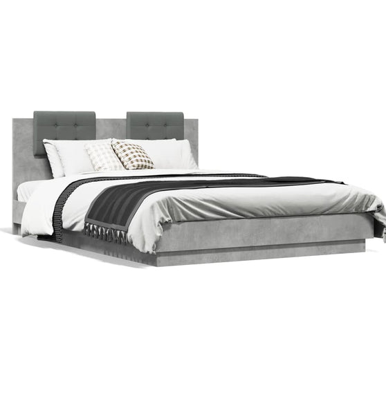 Bettgestell mit Kopfteil und LED-Leuchten Betongrau 150x200 cm