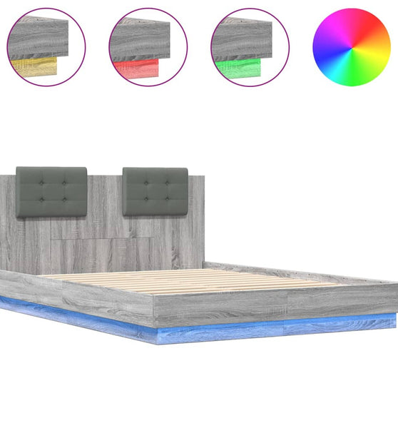 Bettgestell mit Kopfteil und LED-Leuchten Grau Sonoma 150x200cm