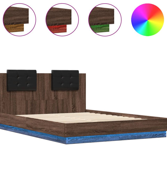 Bettgestell mit Kopfteil und LED-Leuchten Braun Eiche 150x200cm