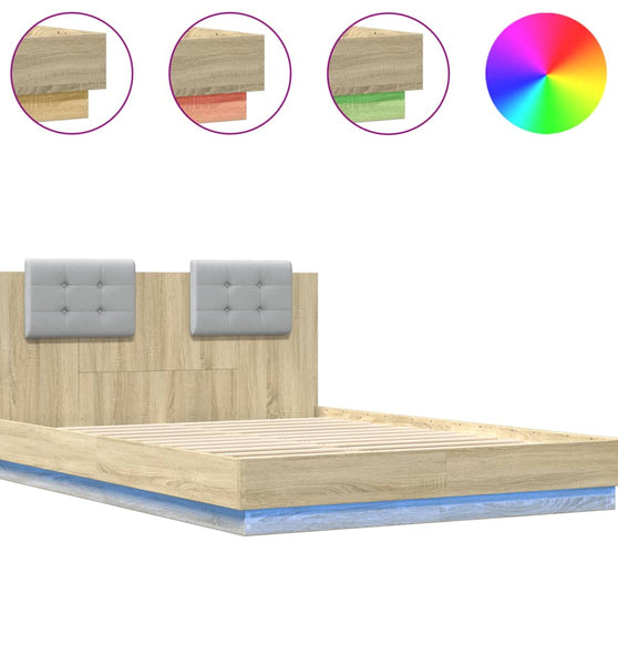 Bettgestell mit Kopfteil & LED-Leuchten Sonoma-Eiche 140x200 cm
