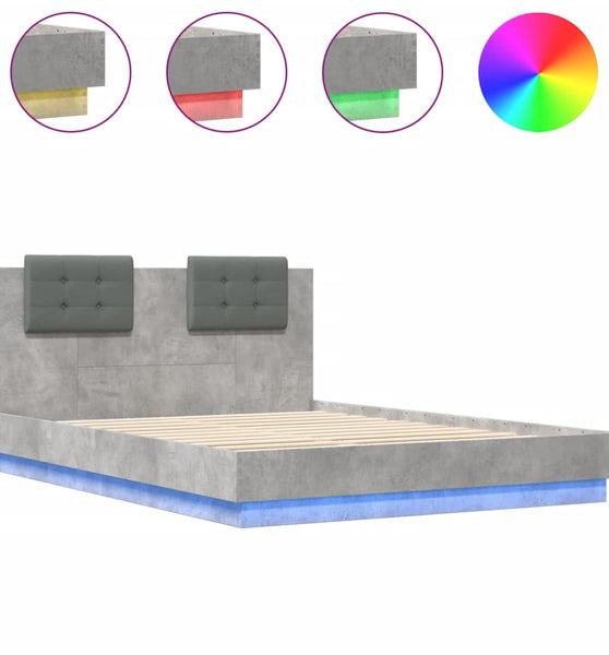 Bettgestell mit Kopfteil und LED-Leuchten Betongrau 140x200 cm